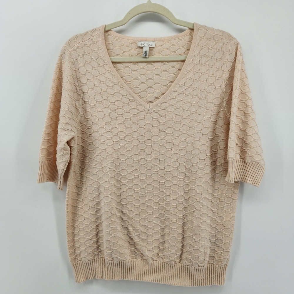 Ella Moss Women's Peach Textured Knit V-Neck 3/4 Sleeve Sweater‎ Top Size L